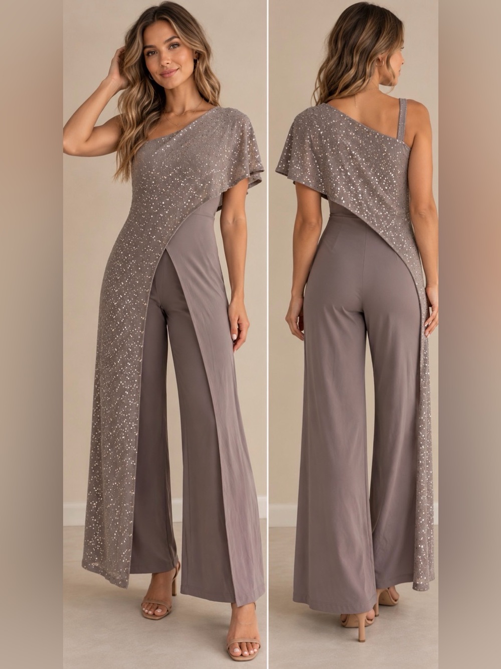 Sequined Straight Leg Jumpsuit Overlay R&M Richards - 6 Petite